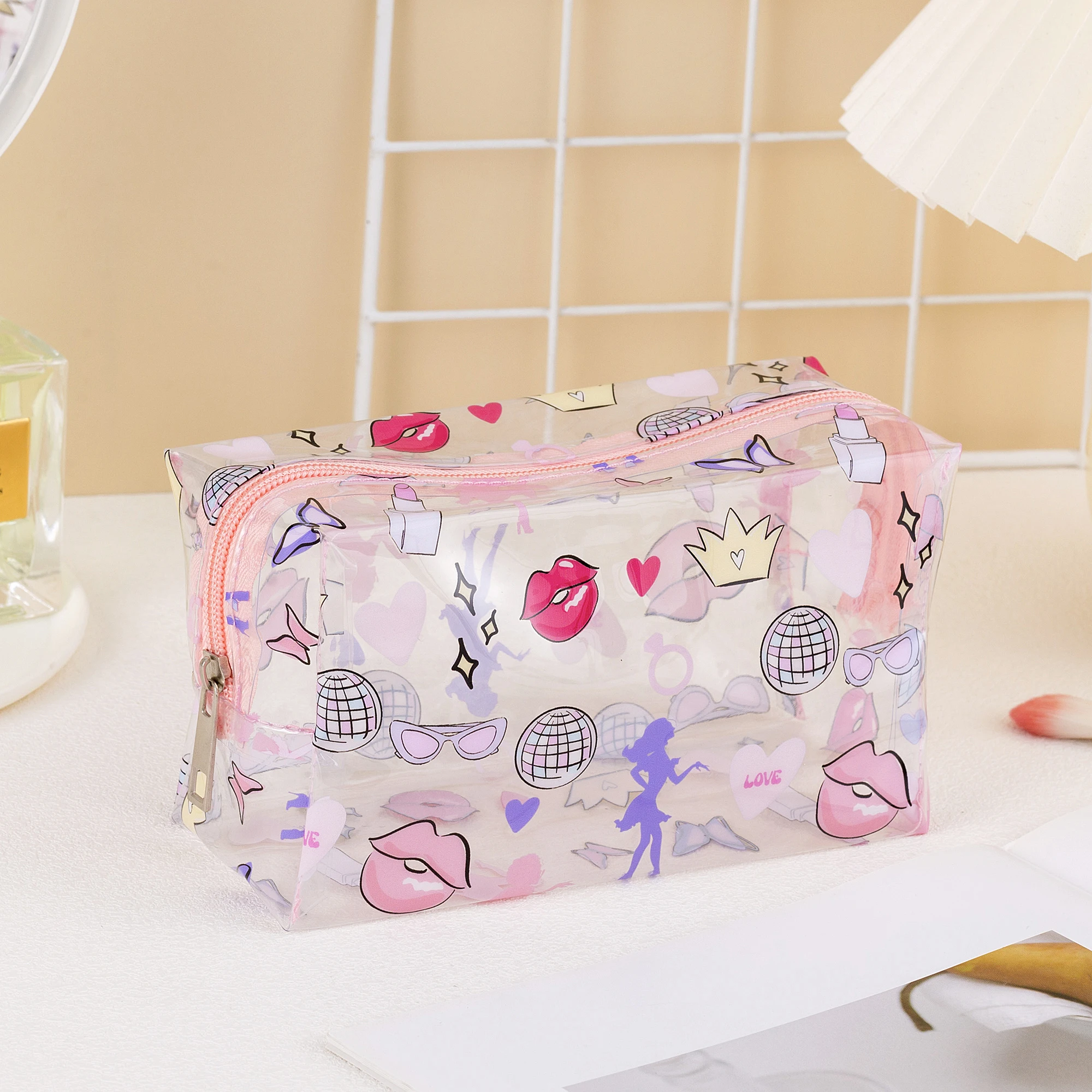 Women Girls Cute Transparent Clear PVC Watermelon Strawberry Fruits Lips Full Printed Summer Cosmetic Makeup Bag Cosmetic Zipper