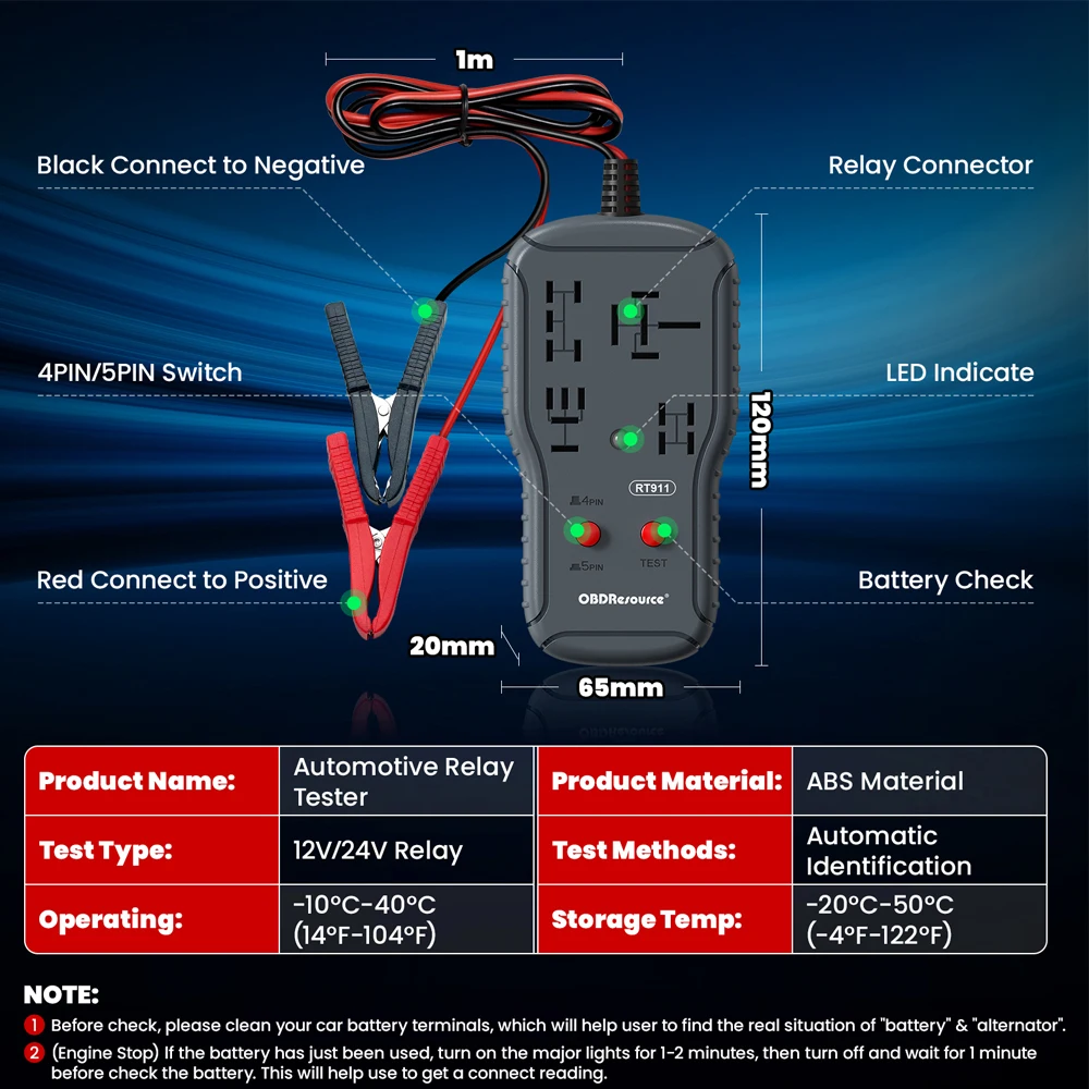 OBDResource 12V/24V Relay Tester 4PIN/5PIN Battery Voltage Detector RT100/RT911 Relay Detection Diagnostic Tool hotsale