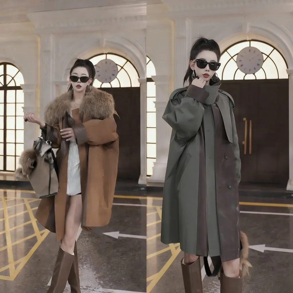 

Модная осенне-зимняя длинная парка с меховым воротником и дизайнерскими вставками в корейском стиле, для работы и повседневной носки, женская куртка