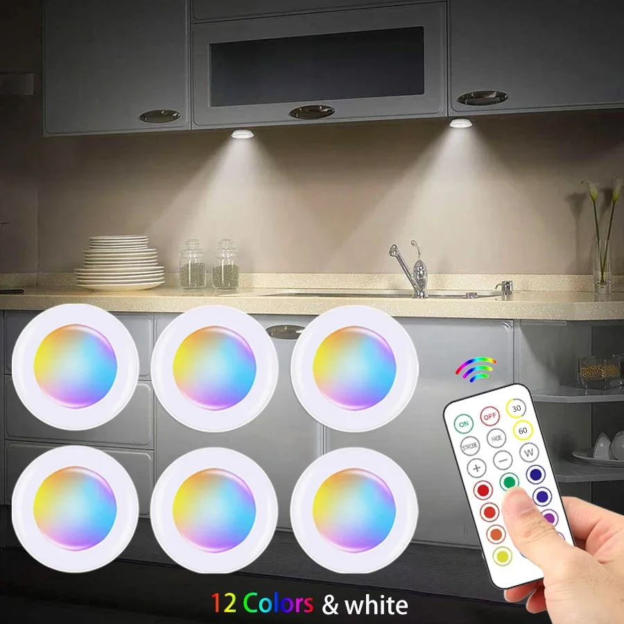 RGB LED Cabinet Light Puck Lamp 16 Colors Timmer Remote Under Shelf Kitchen Counter Wardrobe Lighting Decor