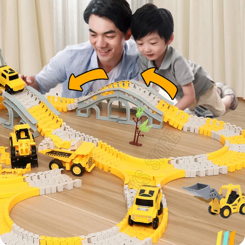 DIY Car Race Magic Rail Track ชุดเกมสมองโค้งยืดหยุ่นสร้างยานพาหนะของเล่นพลาสติกรถไฟสีสําหรับของขวัญเด็ก