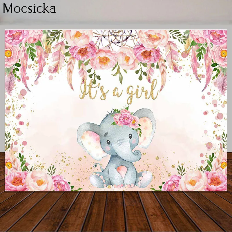 É uma menina chá de bebê pano de fundo bonito elefante dreamcatcher pena rosa flores fotografia fundo bolo mesa decoração banner