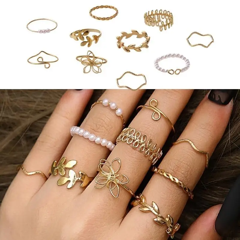 

10pcs Openwork Flower Ring Leaf Vine Imitation Pearls Finger Rings Jewelry for Everyday Wear Stylish Women's Accessory