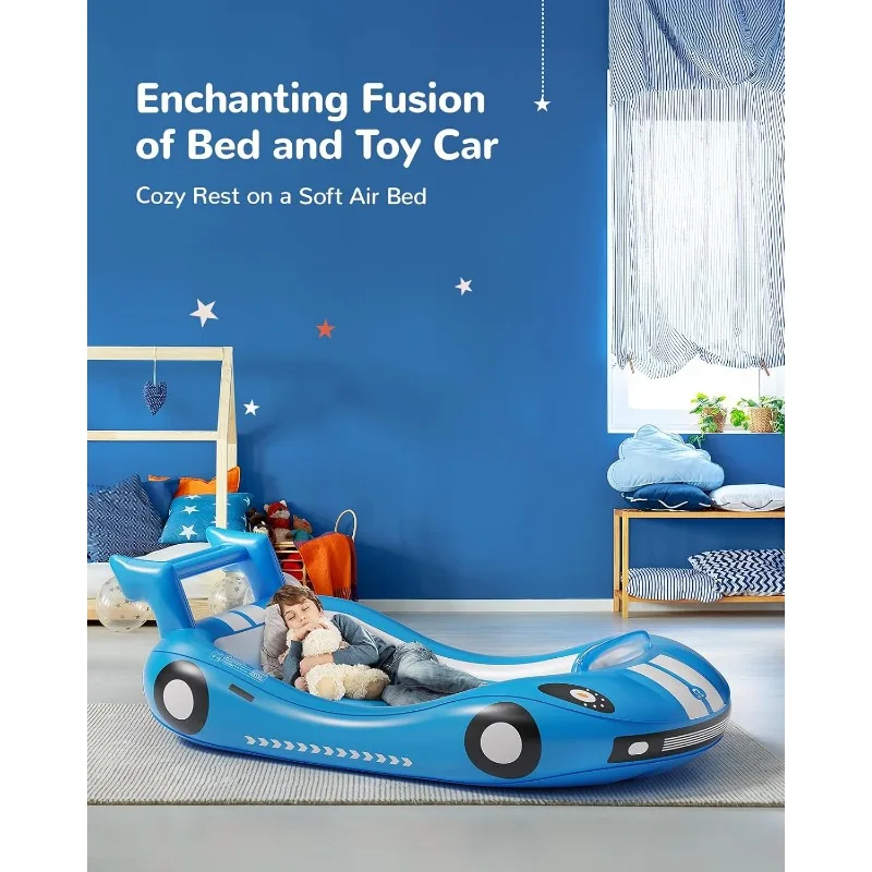 Inflatable Kids Bed, Toddler Travel Bed with Sides, for Camping, Traveling, Hotel, or Home Use, Hand Pump Included (Blue)