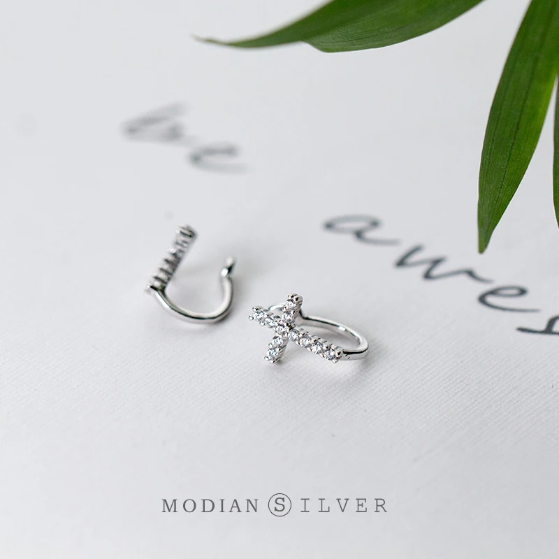 Modian 100% Real 925 Sterling Silver Clear CZ Cross Clip Earrings For Women Fashion Classic Female Korean Silver Fine Jewelry