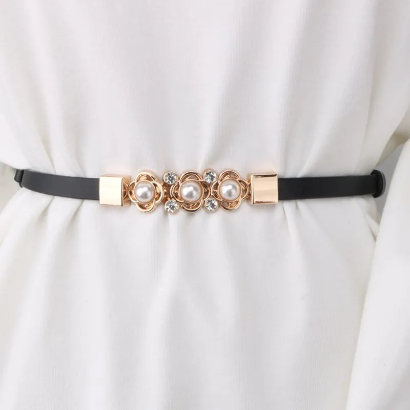 

Adjustable cowhide pearl flower thin belt for women, decorate dress, sweater accessories genuine leather belt
