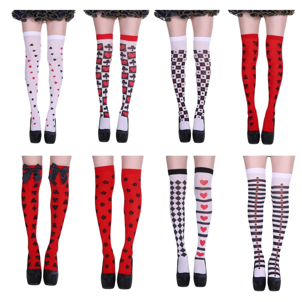 Halloween Party Stockings Clown Socks Poker Flower Diamond Square Polka Dot Print Over Knee Stockings