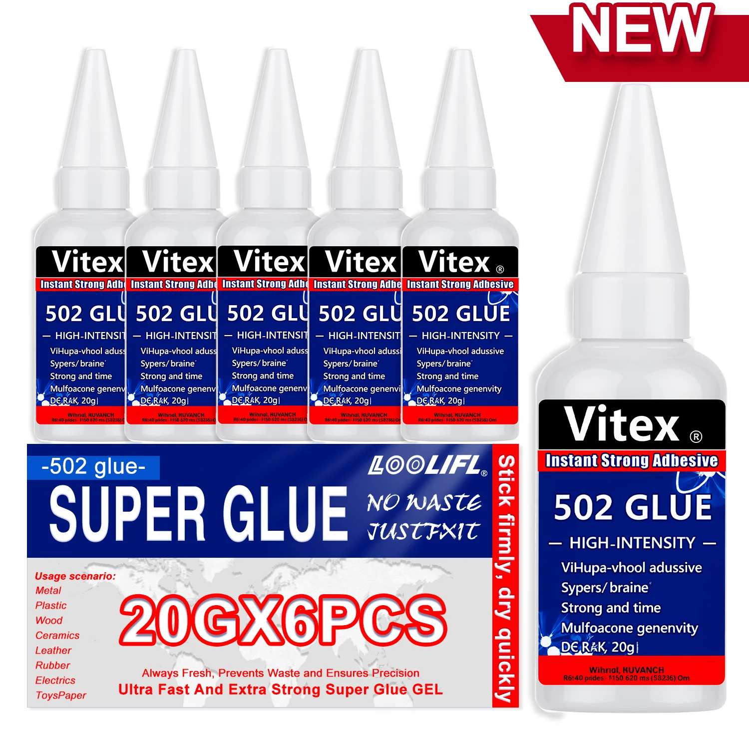 LOOLIFL 6 Stück Holz Gummi Metall Glas Super Flüssiger Universeller Schuhreparaturkleber Schreibwarengeschäft 502 Sofortige Starke Haftung Leder