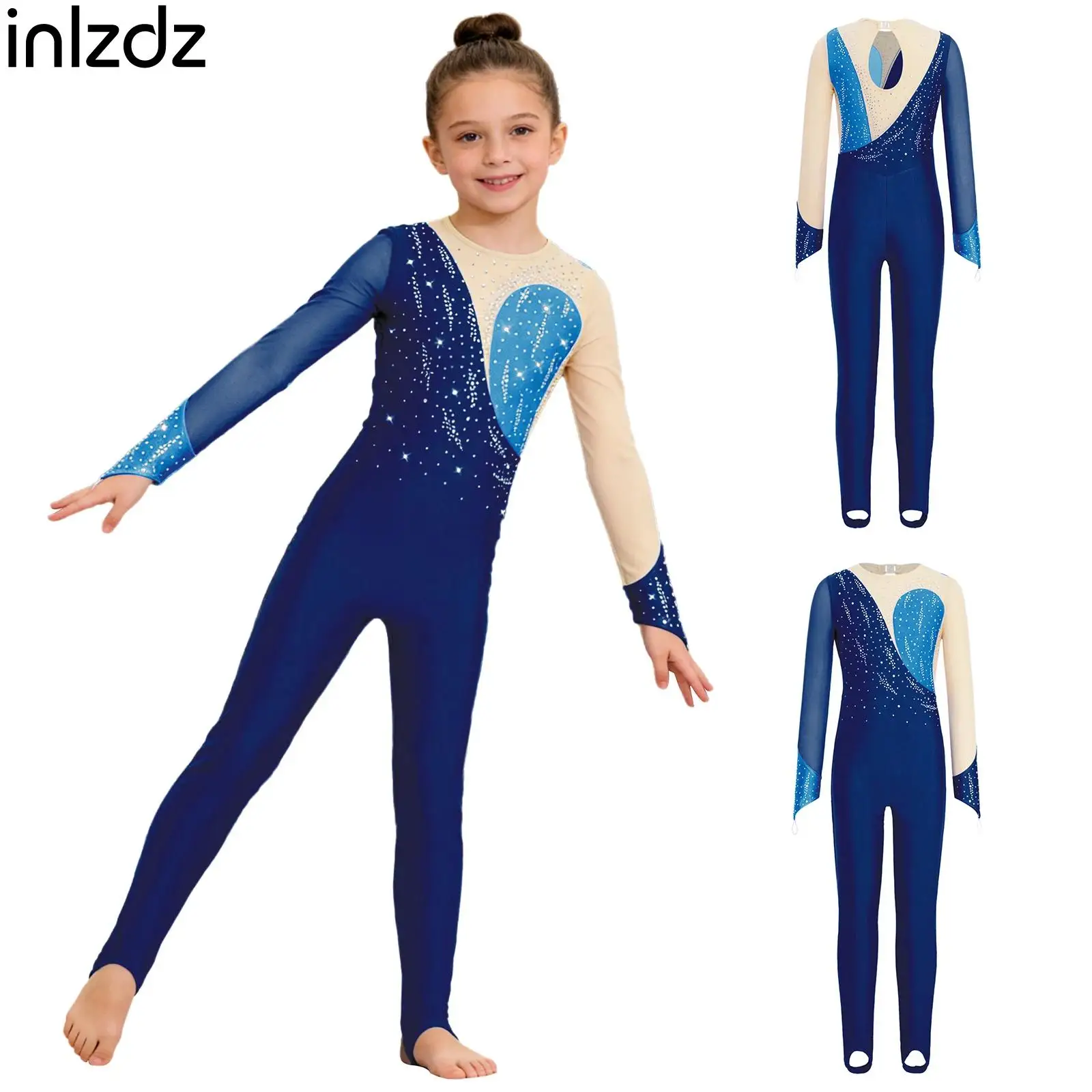 

Girls Gymnastics Figure Skating Ballet Dance Performance Costume Rhinestones Mesh Long Sleeves Stirrup Style Bodysuit Jumpsuit