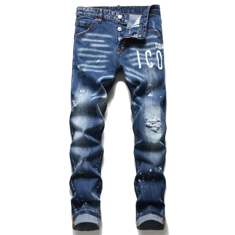 Streetwear Men's Frayed D2 Patch Badge Jeans Autumn Fashion Casual Stretch Denim Pants Youth Slim Distressed Cowboys Trousers