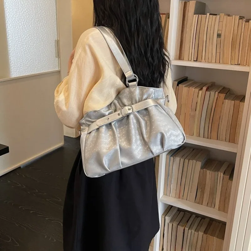 Women's Casual Silver Faux Leather Ruched Shoulder Bag, Belt Buckle Hobo Tote for Daily Use, Work, Travel, and Casual Errands