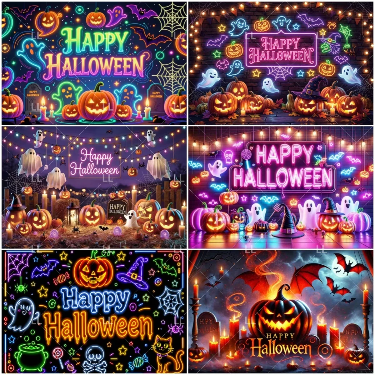 Halloween Neon-Kürbis Themenparty Dekoration Hintergrund Fledermaus Spinne Niedlicher Geist Fotografie-Hintergrund Süßes oder Saures Foto-Requisiten