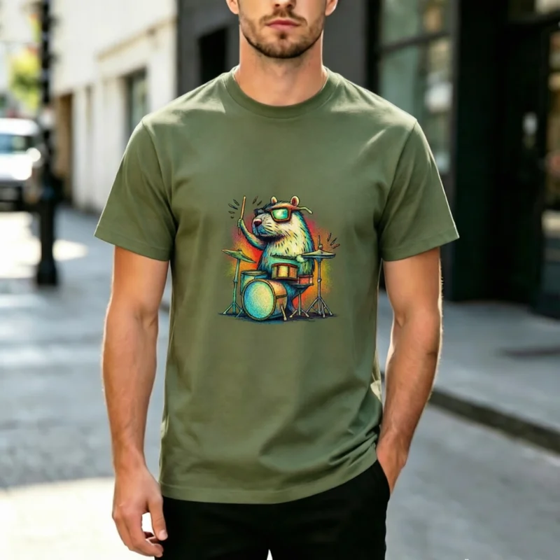 Trendy Cool Animal Rock Band Sketch Art Drum Kit Playing Capybara Graphic Tee Cotton Daily Concert Casual Short Sleeve T Shirt