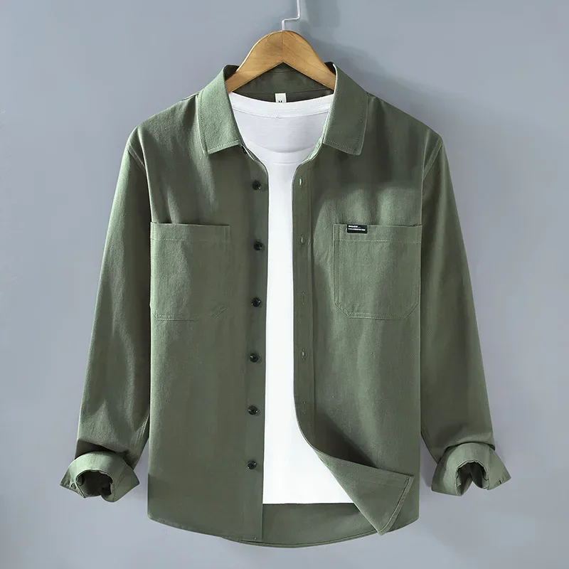 

Japanese Workwear Casual Green Shirt Men Spring New Men's Long Sleeve Shirt Lapel Pockets Pure Cotton Clothing Youth Simple Tops