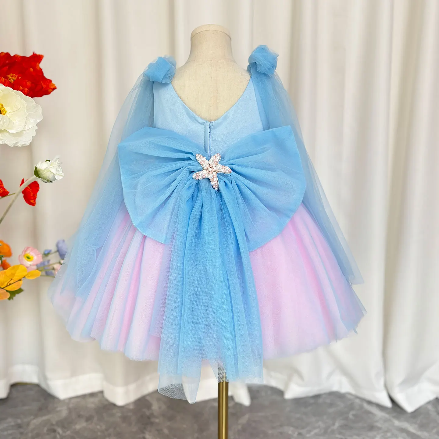 Jill Wish J072 Luxury Blue Toddler Girl Dress Jellyfish V-Neck Knee Length for Kids Wedding 1st Birthday Holiday Party Gown