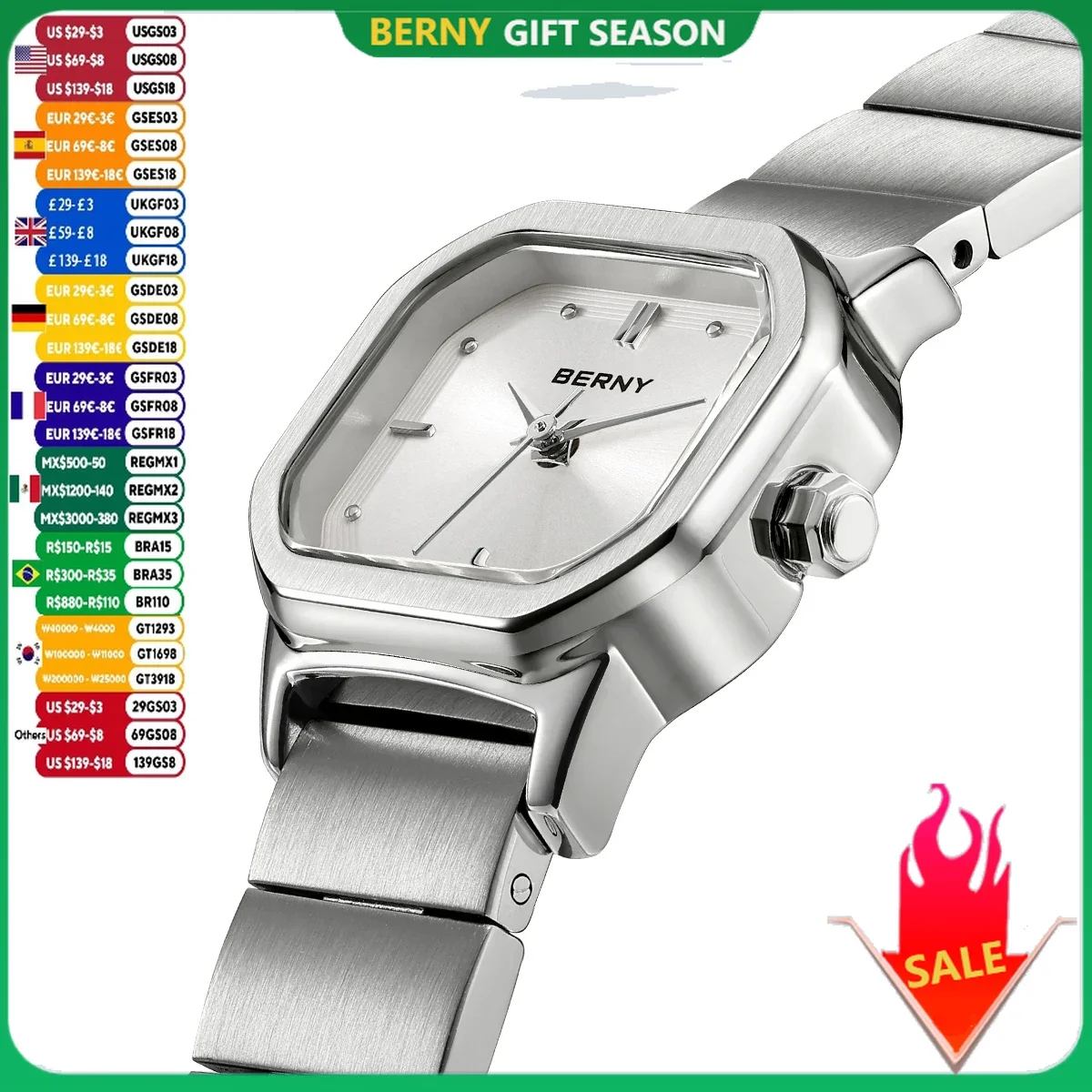 BERNY Watch for Women Silver Full Stainless Steel Square Small Dial Quartz Women\'s Wristwatch Waterproof Dress Ladies Watches