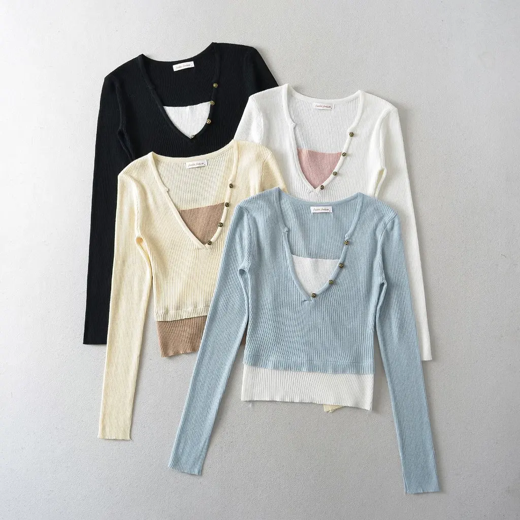

Women's Slim V-Neck Sweater Contrast Color Stitching Fake Two-Piece Design Pure Color Spring Autumn Top for Slimming Fashion