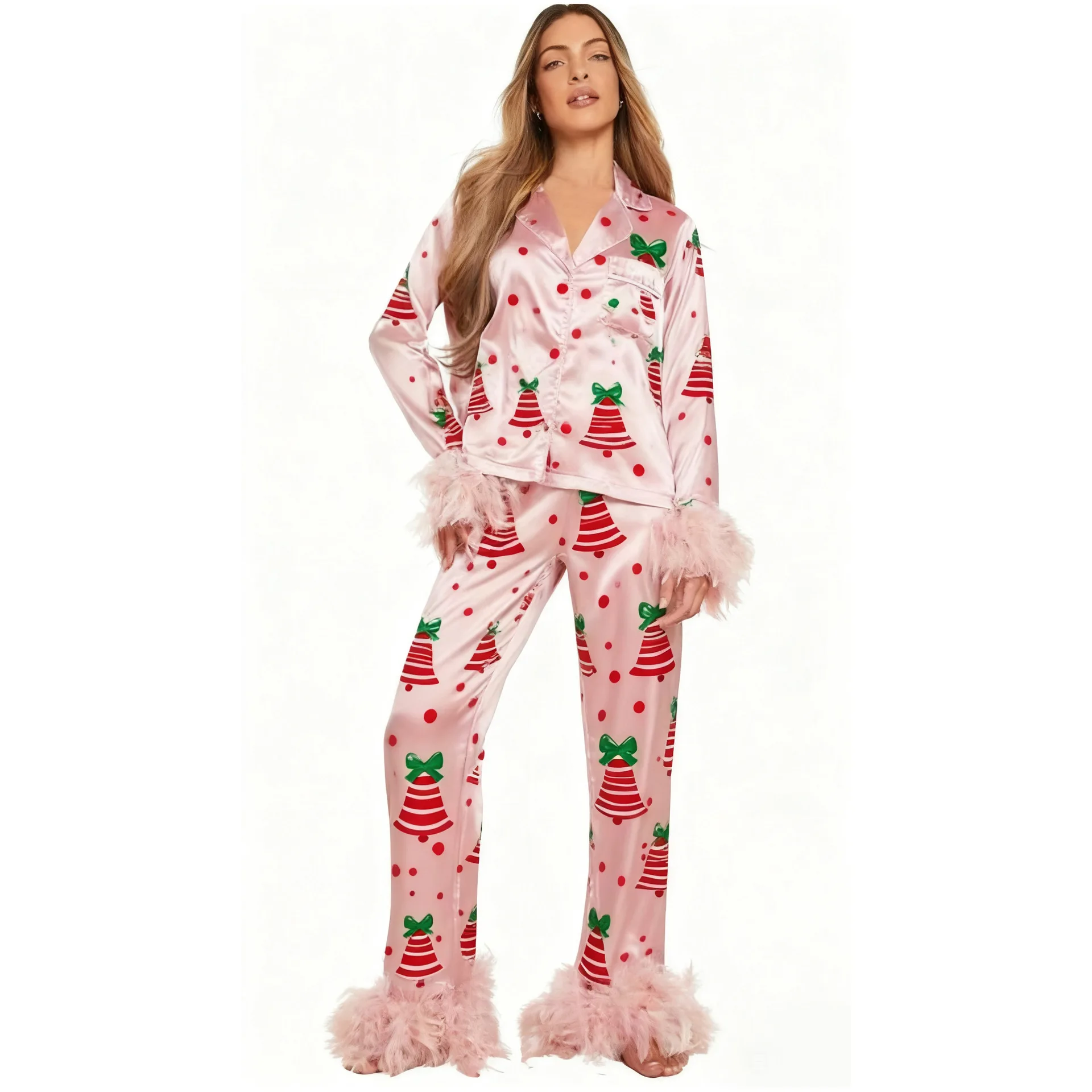 Luxury Christmas Pajama Set With Feather Casual Long Sleeve Button Up Lapel Collar Top & Pants Suit Women's Print Sleepwear