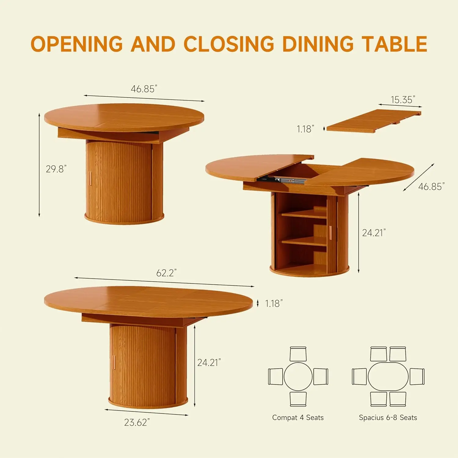 Extendable Round Dining Table: 47″–63″ Kitchen Table for 4 6 8 with Dust-Proof 2-Tier Storage Shelf Space Saving, Customized