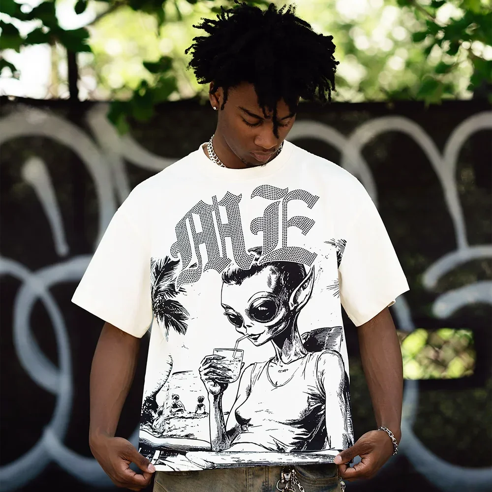 جديد الصيف رسالة حجر الراين قصيرة الأكمام الأسود تي شيرت رجالي الشارع الشهير فضفاض طاقم الرقبة الأعلى ثلاثية الأبعاد تي شيرت مطبوع للجنسين تي شيرت #2