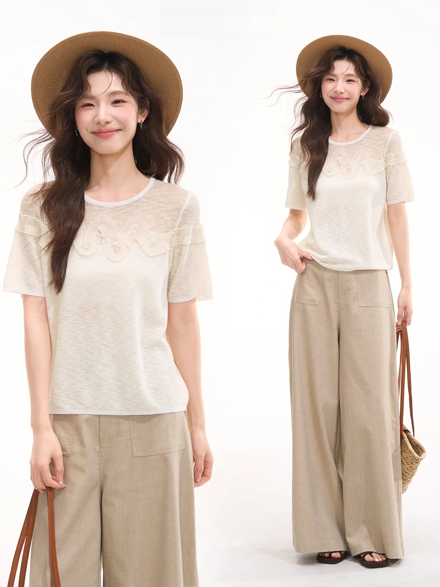 

Heme Knitted Short Sleeve Top Women's Orange Color Simple Wave Lace Design Korean Style Summer Fashion Casual Shirt