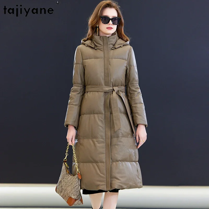 Piumino in vera pelle di tagikistan donna inverno 2023 elegante caldo lungo piumino giacche in vera pelle di pecora cappuccio parka staccabile