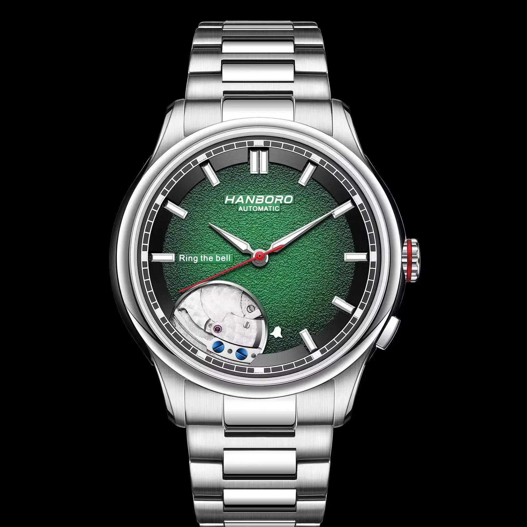 HANBORO Men Automatic Watch Alarm Mechanical Wristwatch Ring The Bell 5ATM Sapphire Mirror Luminous Skeleton Gradient Dial