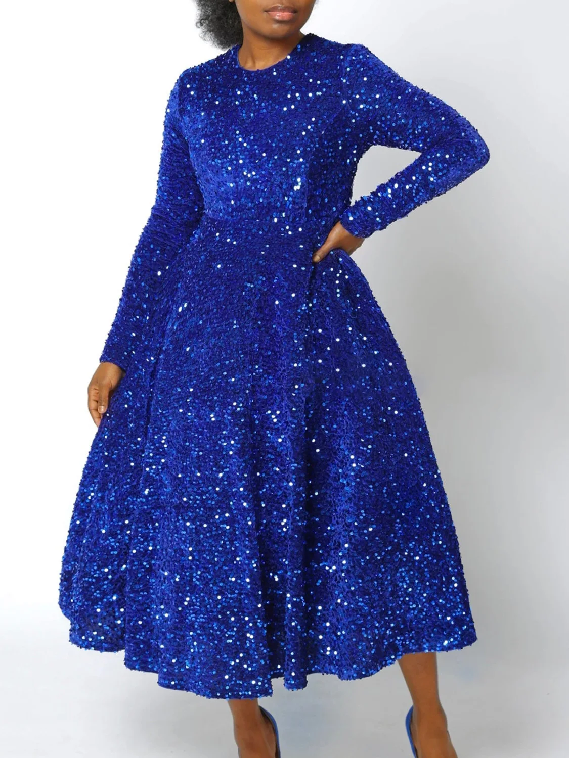 Sequin Pleated A-Line Plus Size Dress Semi Formal Round Neck Long Sleeve Cocktail Spring Fashion Sequin Midi Dresses 2024