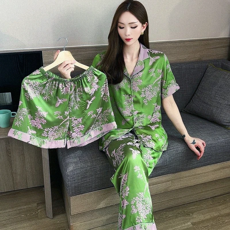 Pajama Women New Summer Ice Silk Sleepwear Thin Short Sleeve Luxury Loungewear Spring Autumn Summer Home Service Three-piece Set