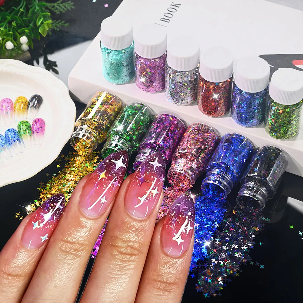 

12jars/Set Holographic Cross Star Nail Glitter Sequins 3D Rainbow Iridescent Shiny Starburst Nail Slices Flakes Starlight Glitte