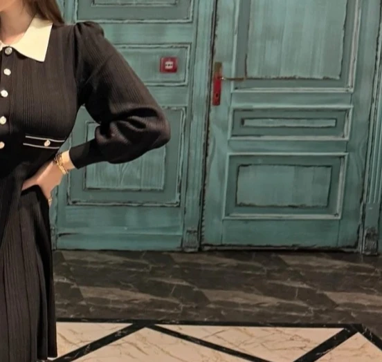 

Women black lapel knit dress long sleeve high waist office ladies elegant mini dress
