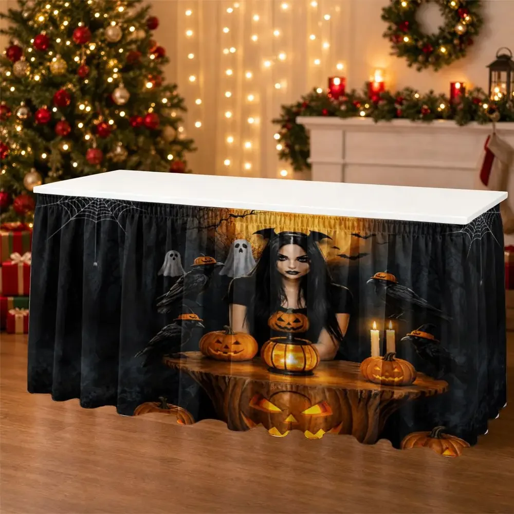 One Halloween tablecloth, 2D flat Halloween witch, pumpkin and moon scene for home decoration.