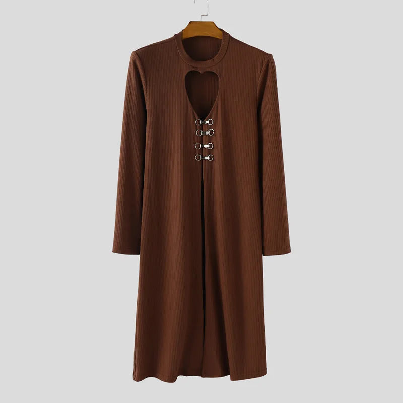 

INCERUN Men Long Style T Shirt Solid Color Knitted Hollow Out Tee Tops Streetwear Sexy Fashion Long Sleeve Casual Camisetas 2025