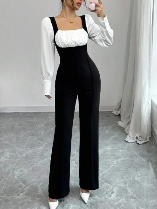 

2025 Autumn/winter Elegant Sexy Long Sleeved Jumpsuit with Contrasting Colors European and American Jumpsuit