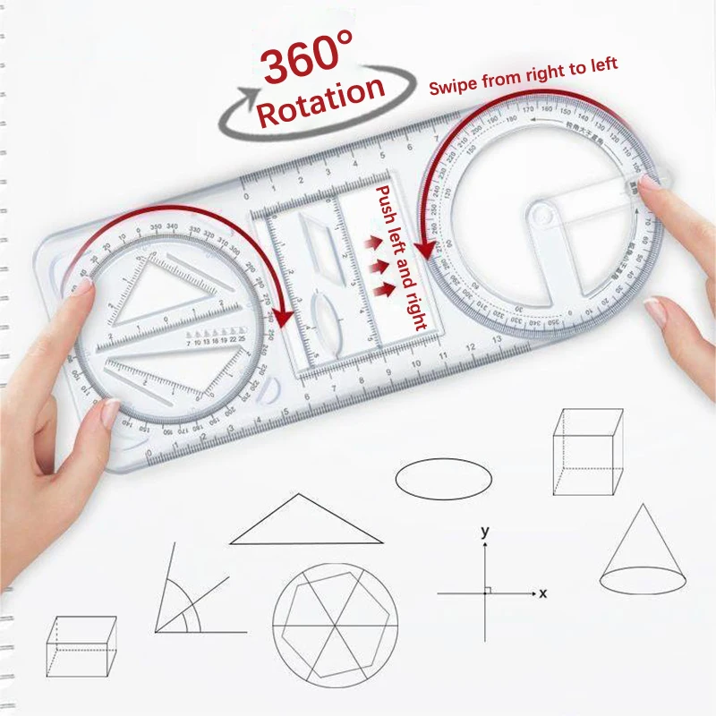 Regla de dibujo geométrica móvil multifuncional para estudiantes de matemáticas, 1 piezas, 360 °, portátil, transparente, 3D