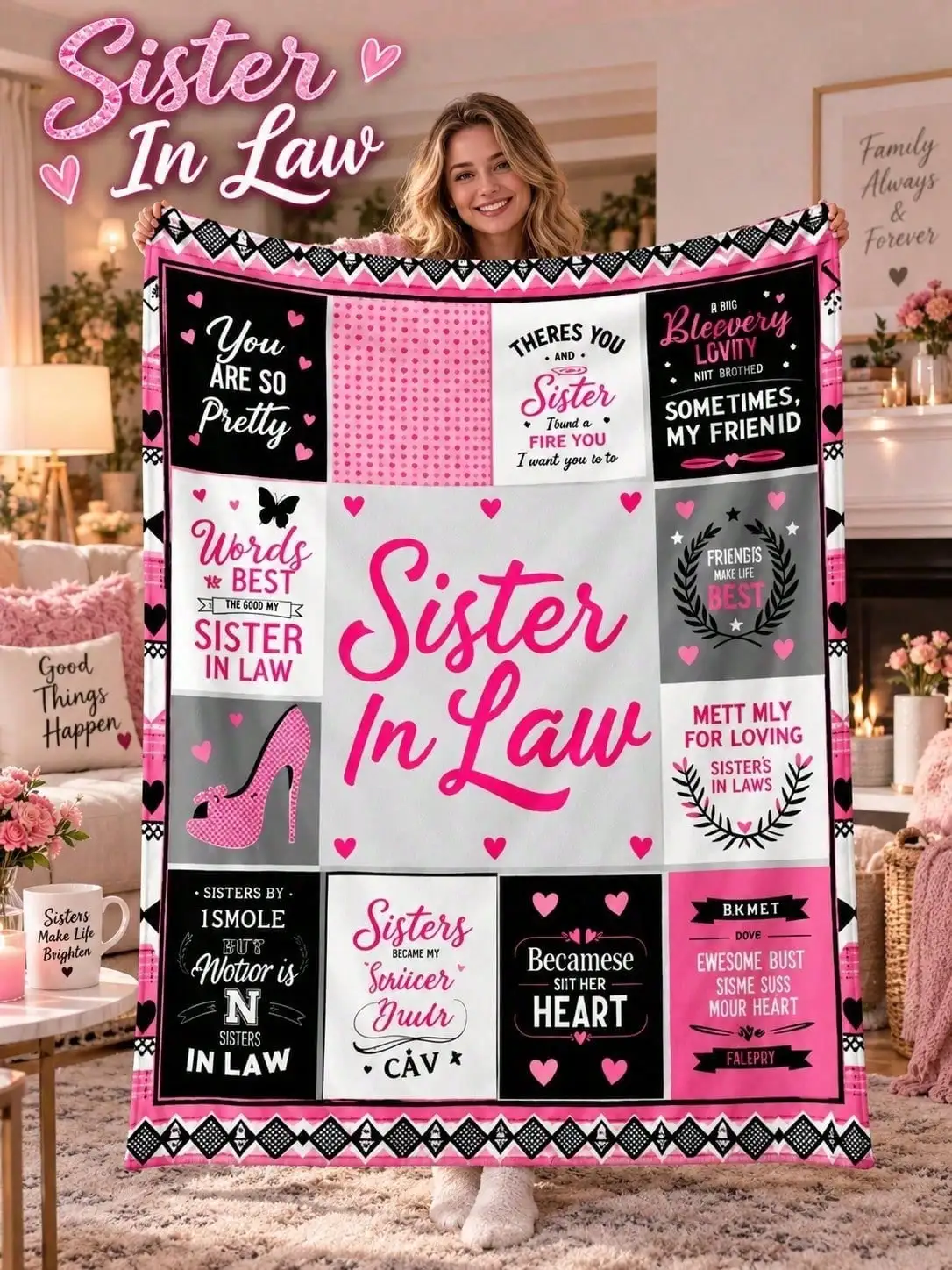 Sister in Law Typography Hearts Flannel Blankets Sofa Bed Throw Home Decor Bedroom Living Room Christmas Halloween Thanksgiving Birthday Anniversary Housewarming Gift Family Friends Guestroom Apartment Winter Holiday Seasonal Reading Nook Office