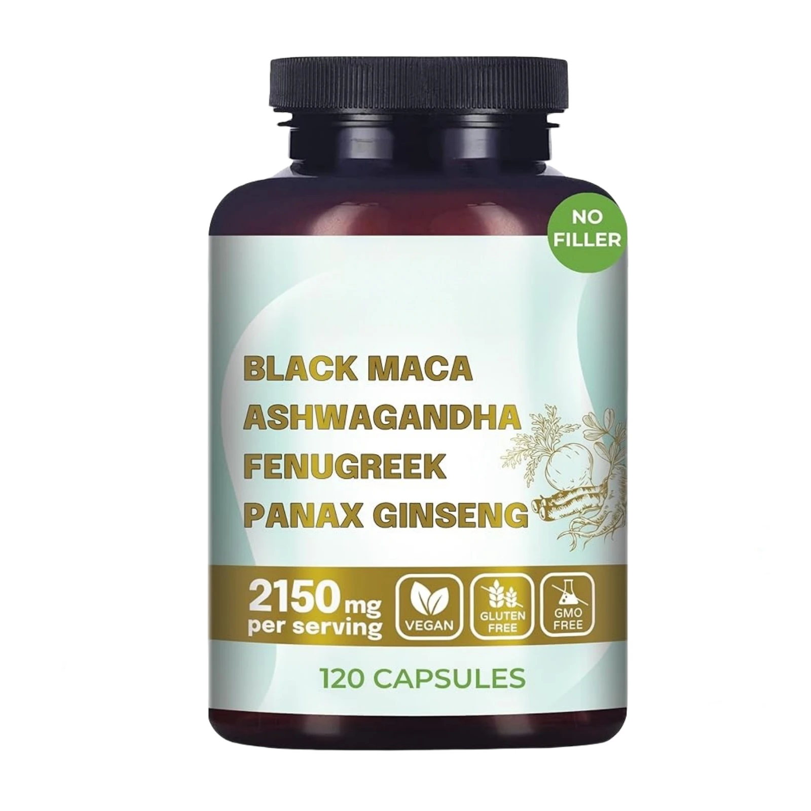 Original Black Maca Root, Ashwagandha, Panax Ginseng, Fenugreek Capsules, Male Enhancing Supplement Natural 4-in-1 Organic