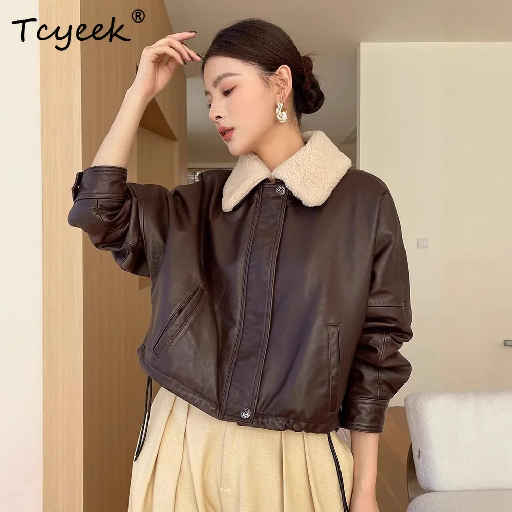 Tcyeek جلد الغنم الحقيقي الخريف الشتاء العصرية التلبيب أوزة أسفل بلون المرأة سترة جلدية حقيقية Жеanskaya Lista Kursenca