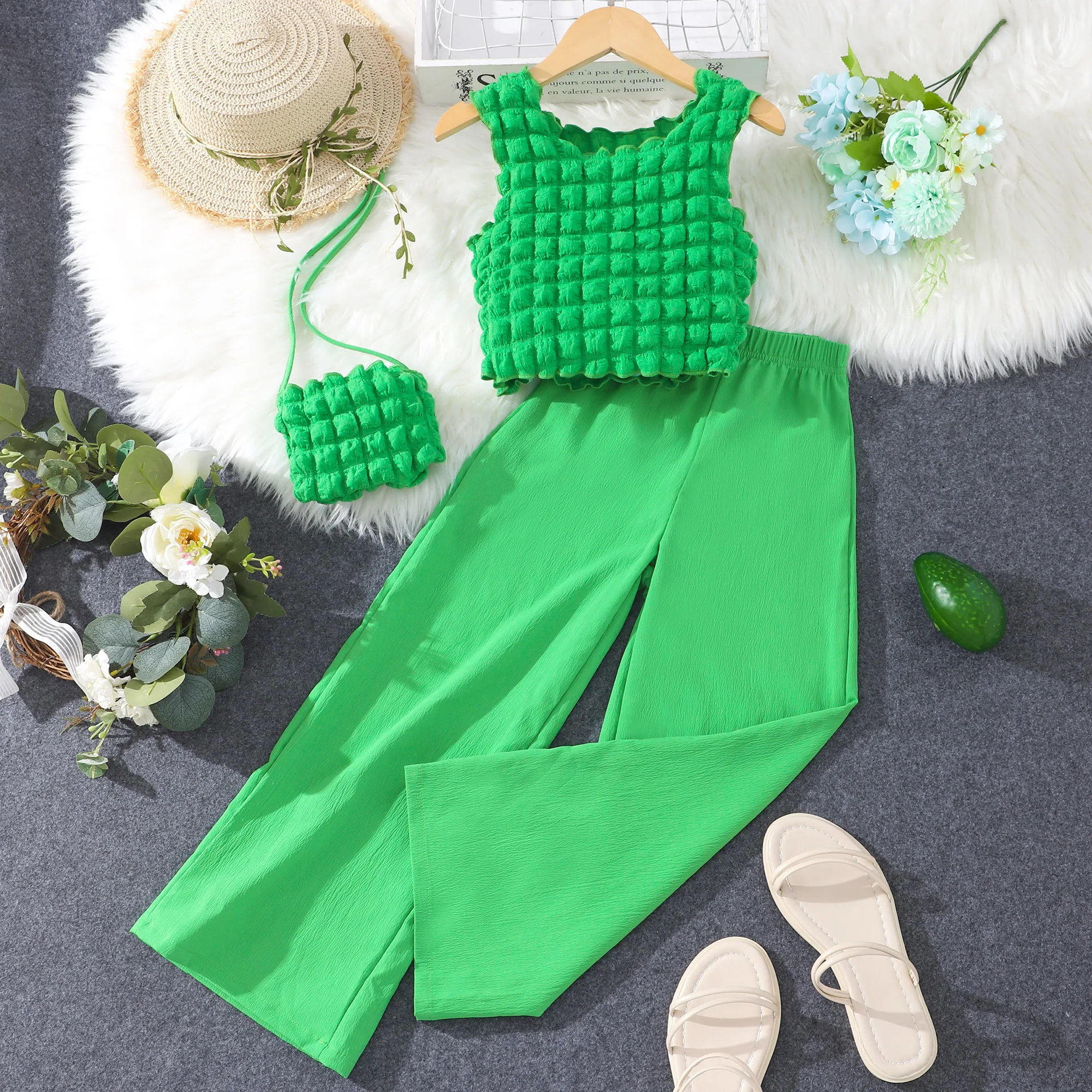 Girls Clothes Summer Clothes Beautiful Fashion Round Neck Sleeveless Solid Pants with Bag Set Clothing for Girls