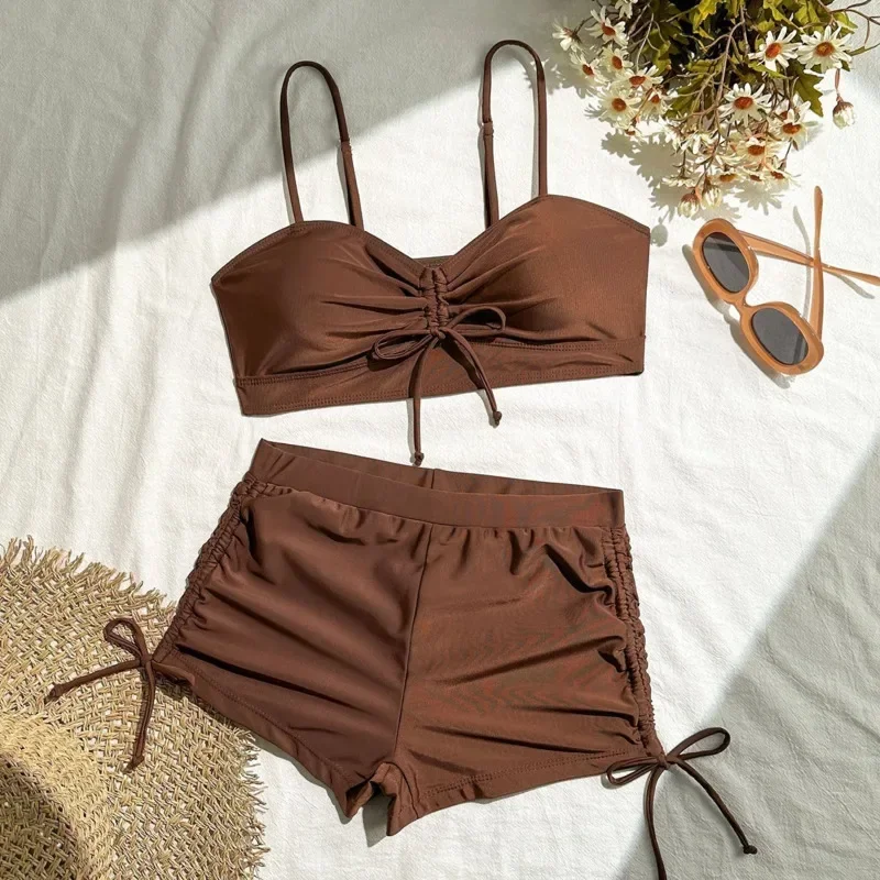 Summer Solid Swimsuits Tankini Sets Female Swimwear Push Up For Beach Wear Two-Piece Bathing Suits Pool Women's Swimming Suit