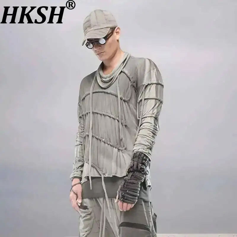 HKSH Spring New Men Dark Punk Waste Land  Asymmetric Deconstruction Pleated Float Strap Cloak Retro Tops Vintage T-shirts HK4275