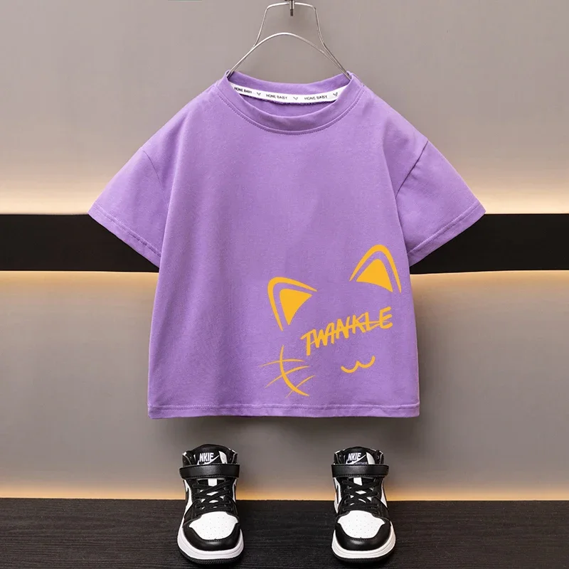 100% Cotton Children\'s T-shirt Boys Round Neck Black Tees Japan Cartoon Cute Cat Girl\'s Top High Quality Printed Clothing 2024