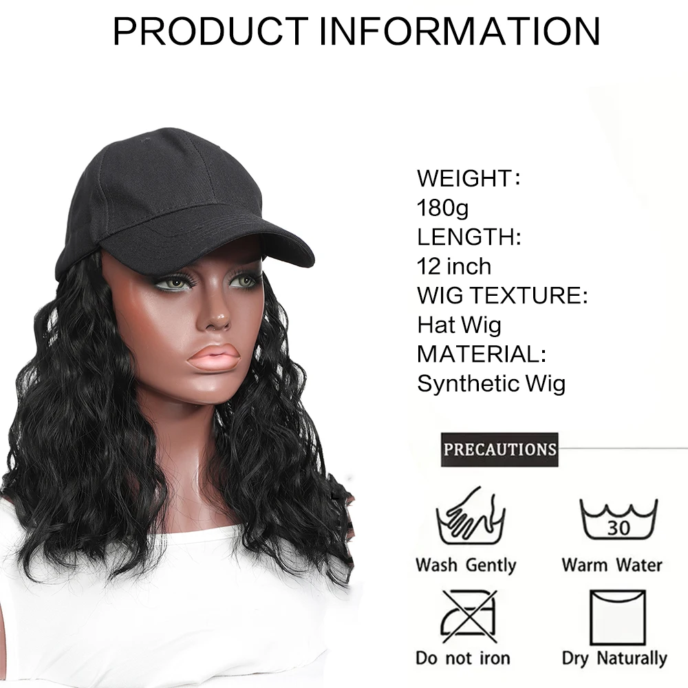 Baseball Cap Short Wig Curly Synthetic Baseball cap Hair Wig Natural Black Knit Hat Wigs Naturally Synthetic Adjustable