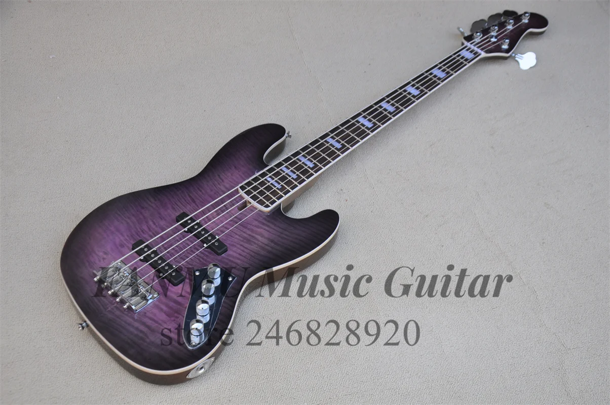 

Purple Bass 5-string electric bass Flamed Maple Top White binding Rose wood fingerboard 24 Frets active battery