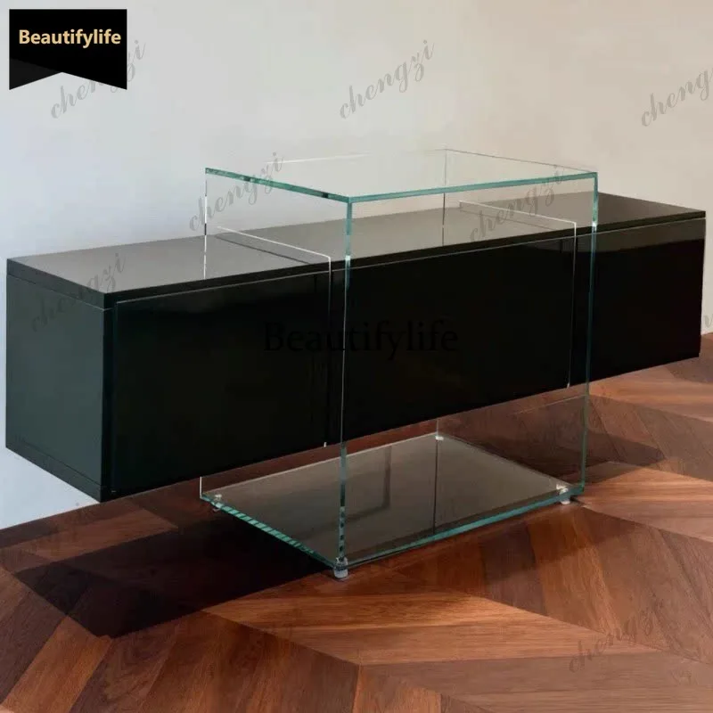 PP Italian Minimalist Suspension Side Cabinet Glass Storage Cabinet Designer Oak Locker
