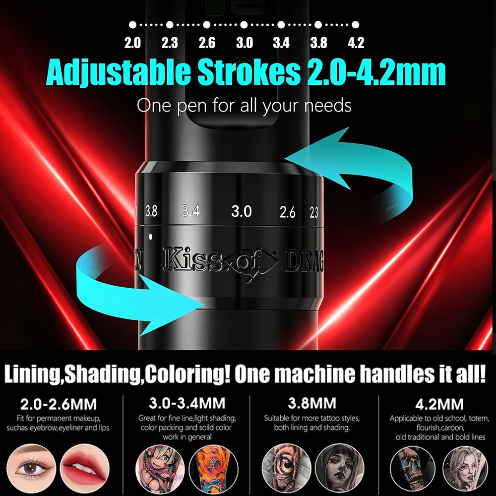 Kiss of DragoV1 Wireless Tattoo Pen Machine Adjustable Stroke 2.0-4.2mm LCD Display 1600mAh Battery for Lining Shading Coloring