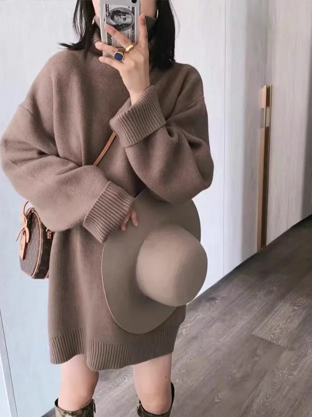 Nuevo suéter de cachemira de cuello alto, suéter largo grueso para mujer, vestido de punto suelto y perezoso para invierno
