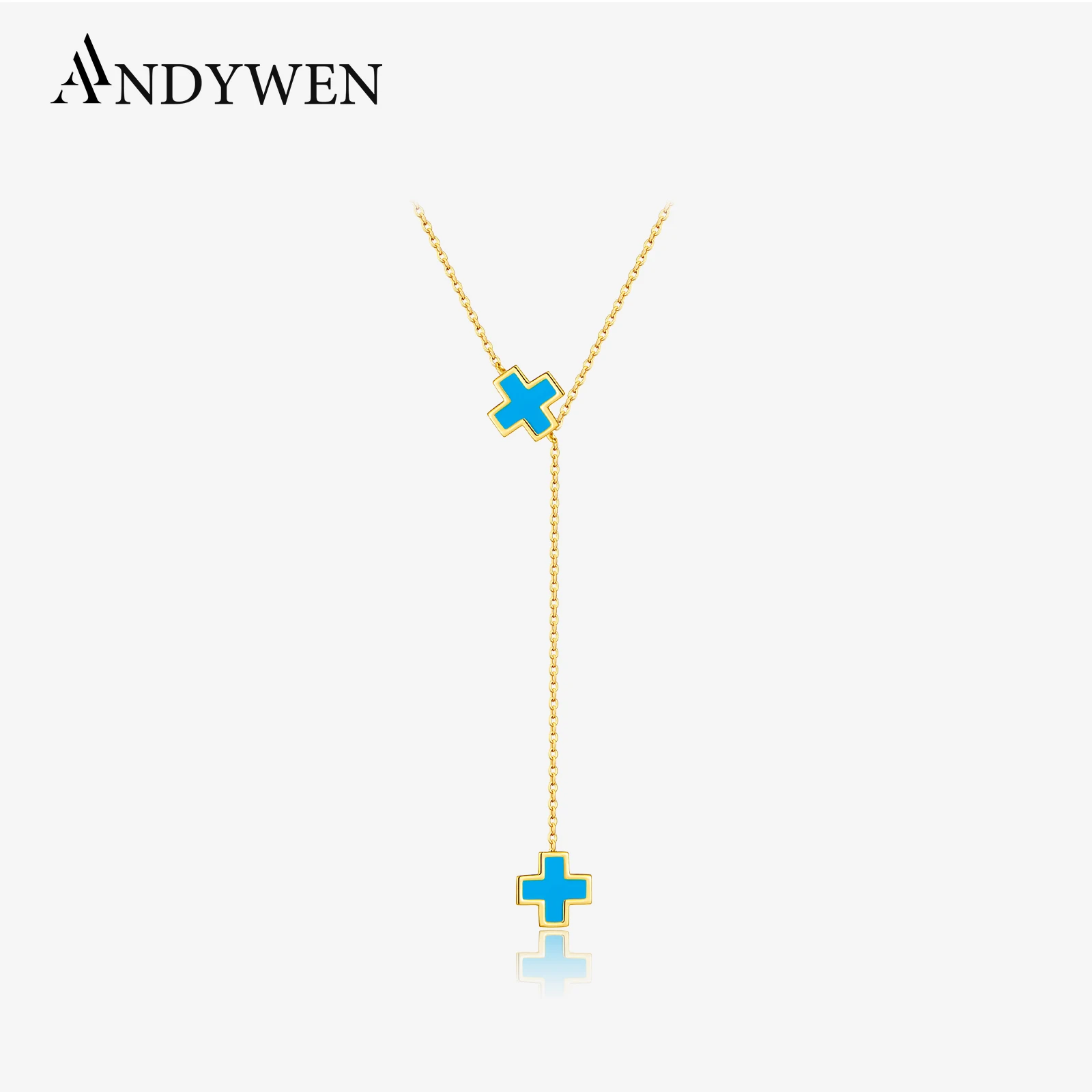 ANDYWEN 925 Sterling Silver Light Blue Cross Y-Shaped Necklace Long Chain 2024 Fashion Women Gift Rock Punk Fine Jewelry