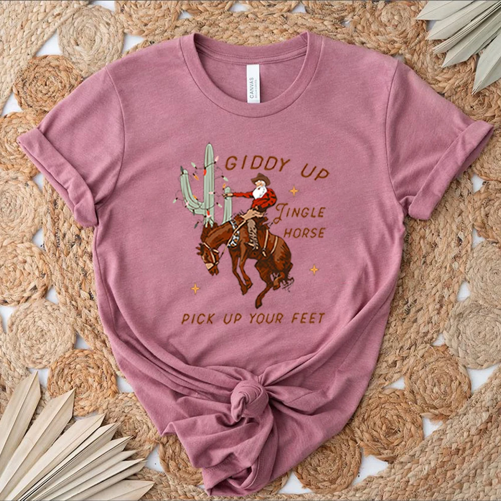 Cowboy Christmas T Shirt Giddy Up Jingle Horse Pick Up Your Feet Shirts Howdy Country Christmas Horse Tees Cowgirl Retro Tops