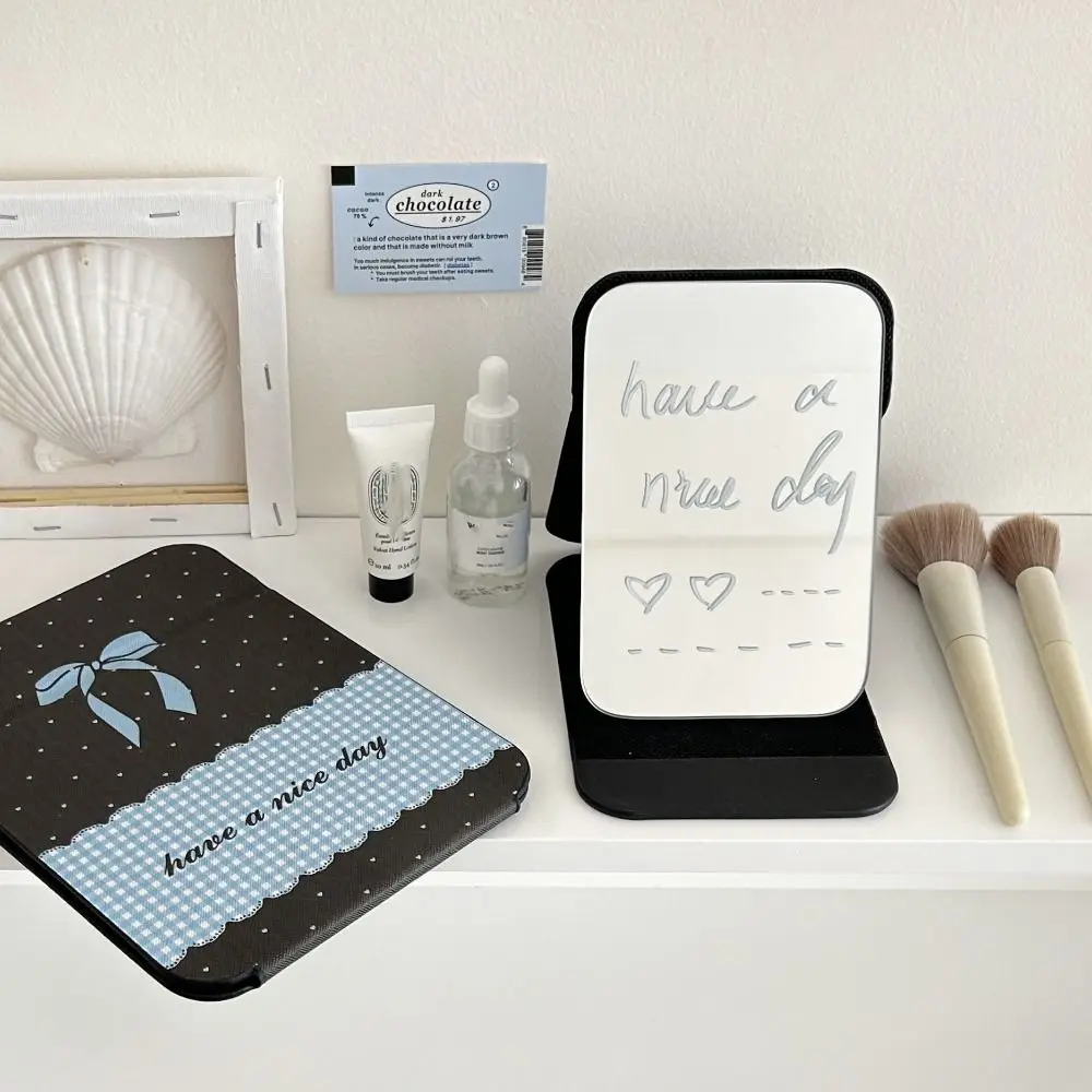 Pu Leather Desktop Stand Mirror Pink Bow Compact Cosmetic Mirror Vanity Mirror Easy To Carry Light Weight Pocket Make-up Mirror